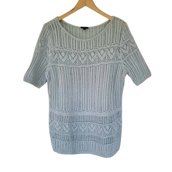 Talbots Short Sleeve Crochet Knit Blouse Aqua Mint Womens Size M Cotton Boho - Picture 1 of 9